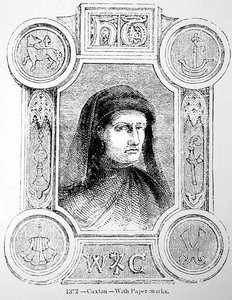 Retrato de William Caxton (c.1422-91) e sua marca de impressoras
